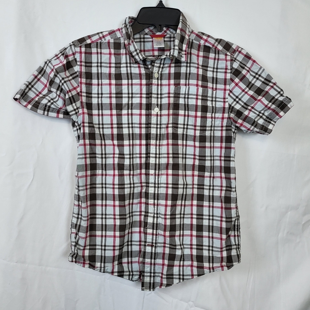 Gymboree Boys Brown Red White Plaid‎ Short Sleeve Button Shirt Boys Large 10/12